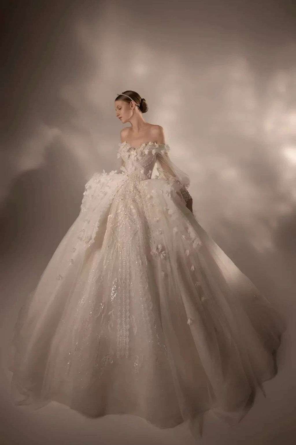 Gorgeous Long Ball Gown Off-the-Shoulder Tulle Wedding Dress with 3D Floral & Crystal Embroidery & Cathedral Train H009 by ZAPDRESS
