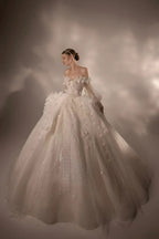 Gorgeous Long Ball Gown Off-the-Shoulder Tulle Wedding Dress with 3D Floral & Crystal Embroidery & Cathedral Train H009 by ZAPDRESS