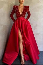 Long Sleeves Mermaid V-Neck Sequins Satin Prom Dress with Split by BIZTUNNEL
