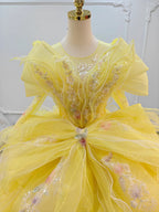 Vibrant Yellow High-Neck Ball Gown Wedding Dress with Ruffled Tulle, 3D Floral Embroidery & Corset Back Ye-2031 by ZAPDRESS