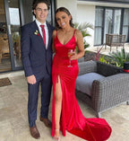 Red Long Mermaid V-neck Backless Evening Prom Dress with Slit by BIZTUNNEL