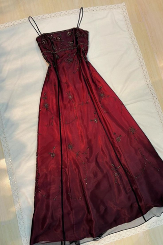 Vestido de fiesta vintage de tul burdeos con cuentas, corte A, vestido de noche Y7684