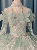 Fairy-Tale Mint Green High-Neck Ball Gown Wedding Dress with 3D Organza Flowers & Crystal Embroidery Ye-2025 by ZAPDRESS