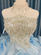 Enchanting Light Blue Strapless Ball Gown Wedding Dress with Crystal Beaded Bodice & 3D Organza Flowers Ye-2024 by ZAPDRESS