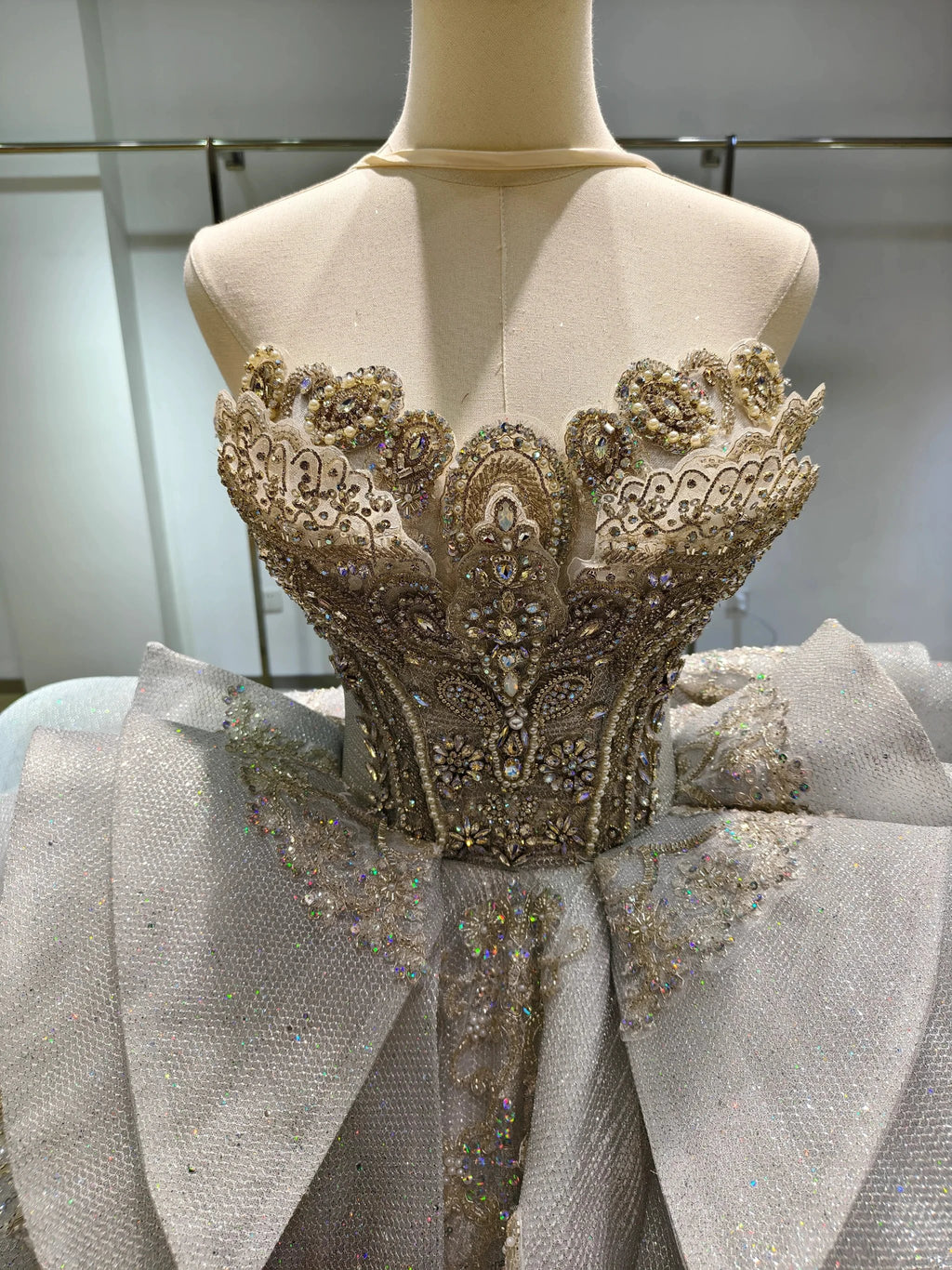 Silver Haze Strapless Ballgown: Gilded Beaded Bust & Ruffled Train by ZAPDRESS