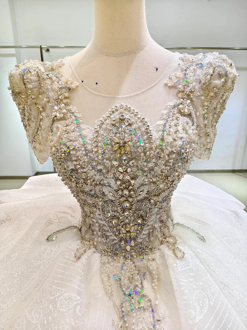 Silver Sparkle Cap-Sleeve Ballgown Beaded Bust & Bow Train by ZAPDRESS