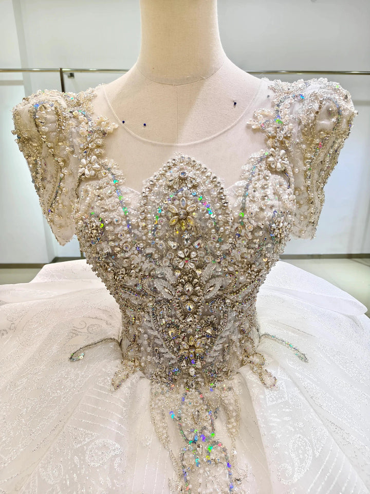 Silver Sparkle Cap-Sleeve Ballgown Beaded Bust &amp; Bow Train by ZAPDRESS