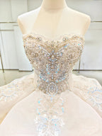 Ivory Glimmer Strapless Ballgown: Iridescent Beaded Bust & Flowing Train by ZAPDRESS