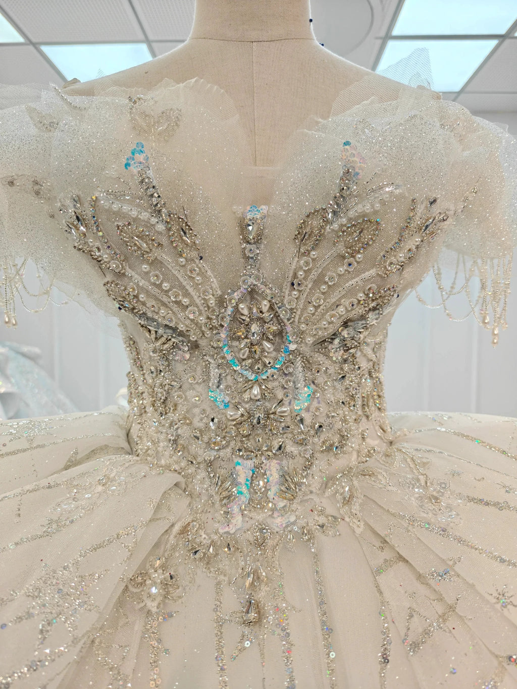Ivory Starlight Off-Shoulder Ballgown Celestial Sequin Skirt & Beaded Tassel Bodice by ZAPDRESS