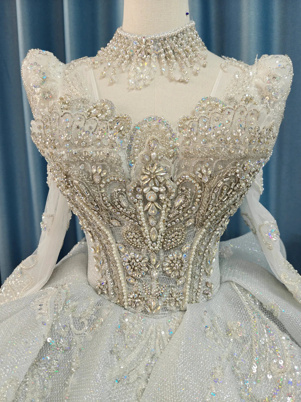 Gorgeous High-Neck Sequin Ball Gown Wedding Dress with Crystal Embroidery & Sheer Long Sleeves Ye-2021 by ZAPDRESS