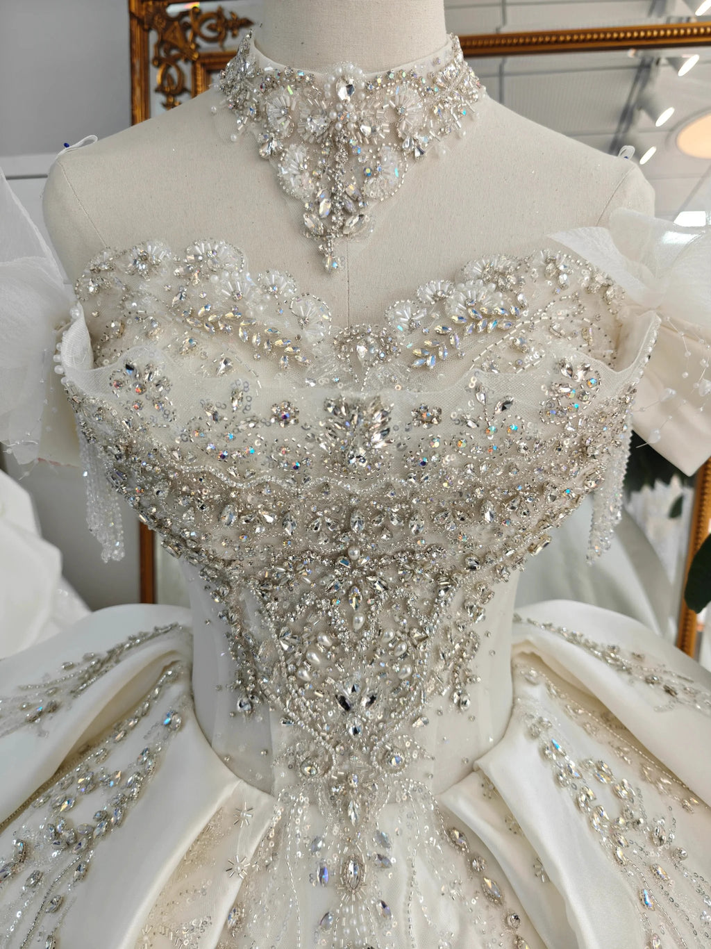 Champagne Glimmer Off-Shoulder Ballgown Crystal-Embroidered Skirt & Fringed Collar by ZAPDRESS