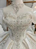 Champagne Glimmer Off-Shoulder Ballgown Crystal-Embroidered Skirt & Fringed Collar by ZAPDRESS