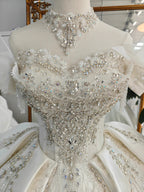 Champagne Glimmer Off-Shoulder Ballgown Crystal-Embroidered Skirt & Fringed Collar by ZAPDRESS