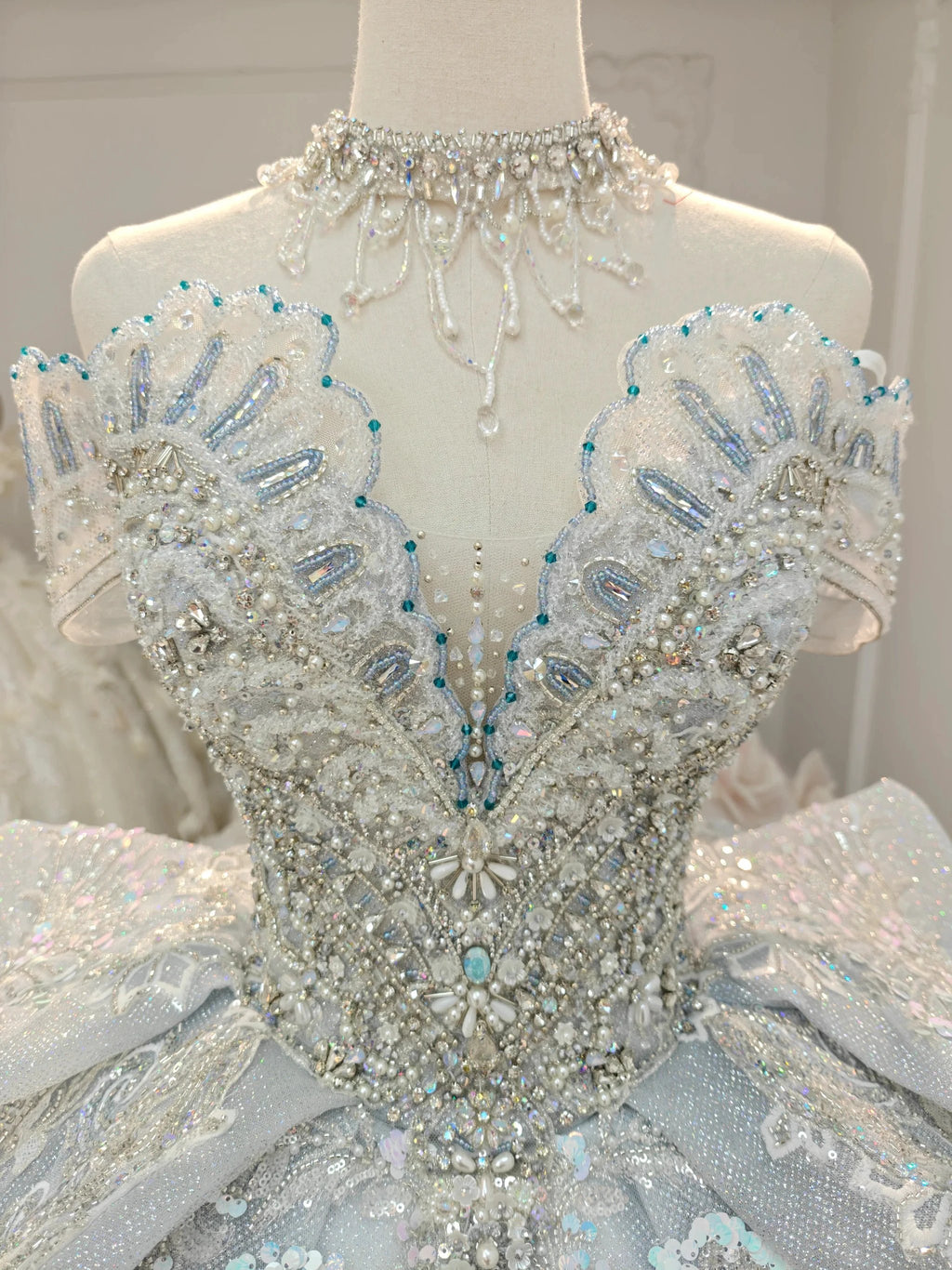 Gorgeous Silver Sequin Off-the-Shoulder Ball Gown Wedding Dress with Crystal Embroidery & Giant Bow Train Ye-2020 by ZAPDRESS