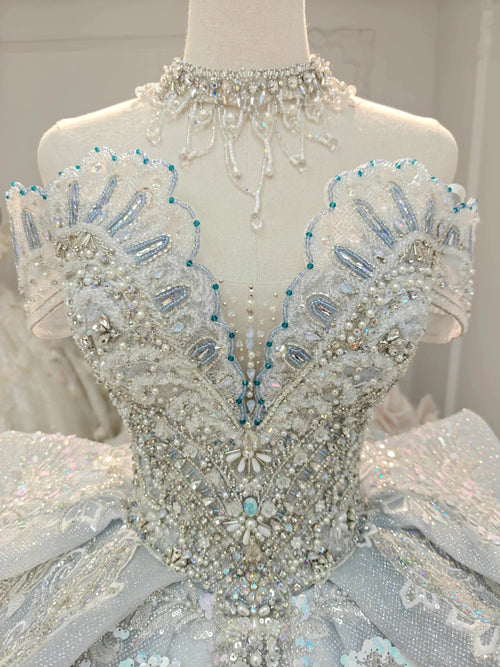 Gorgeous Silver Sequin Off-the-Shoulder Ball Gown Wedding Dress with Crystal Embroidery & Giant Bow Train Ye-2020 by ZAPDRESS