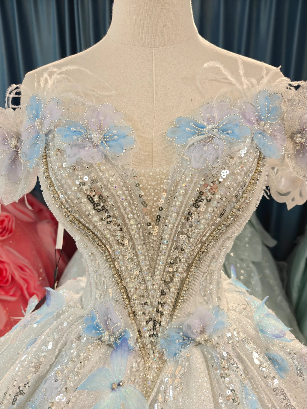 Ethereal Off-the-Shoulder Ball Gown Wedding Dress with Sequin Tulle, 3D Pastel Florals & Feather Accents Ye-2028 by ZAPDRESS
