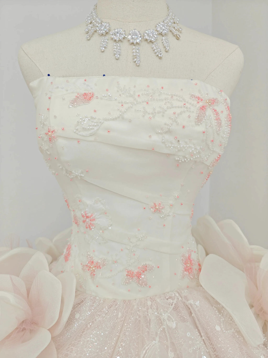 Romantic Blush Ball Gown Strapless 3D Rose Embellished Beaded Wedding Dress with Sparkling Train Ye-2019 by ZAPDRESS
