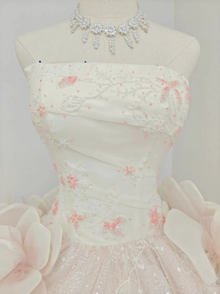 Romantic Blush Ball Gown Strapless 3D Rose Embellished Beaded Wedding Dress with Sparkling Train Ye-2019 by ZAPDRESS