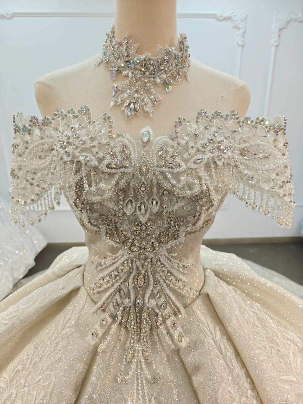 Champagne Glimmer Off-Shoulder Ballgown Crystal Fringe Bust & Embroidered Train by ZAPDRESS