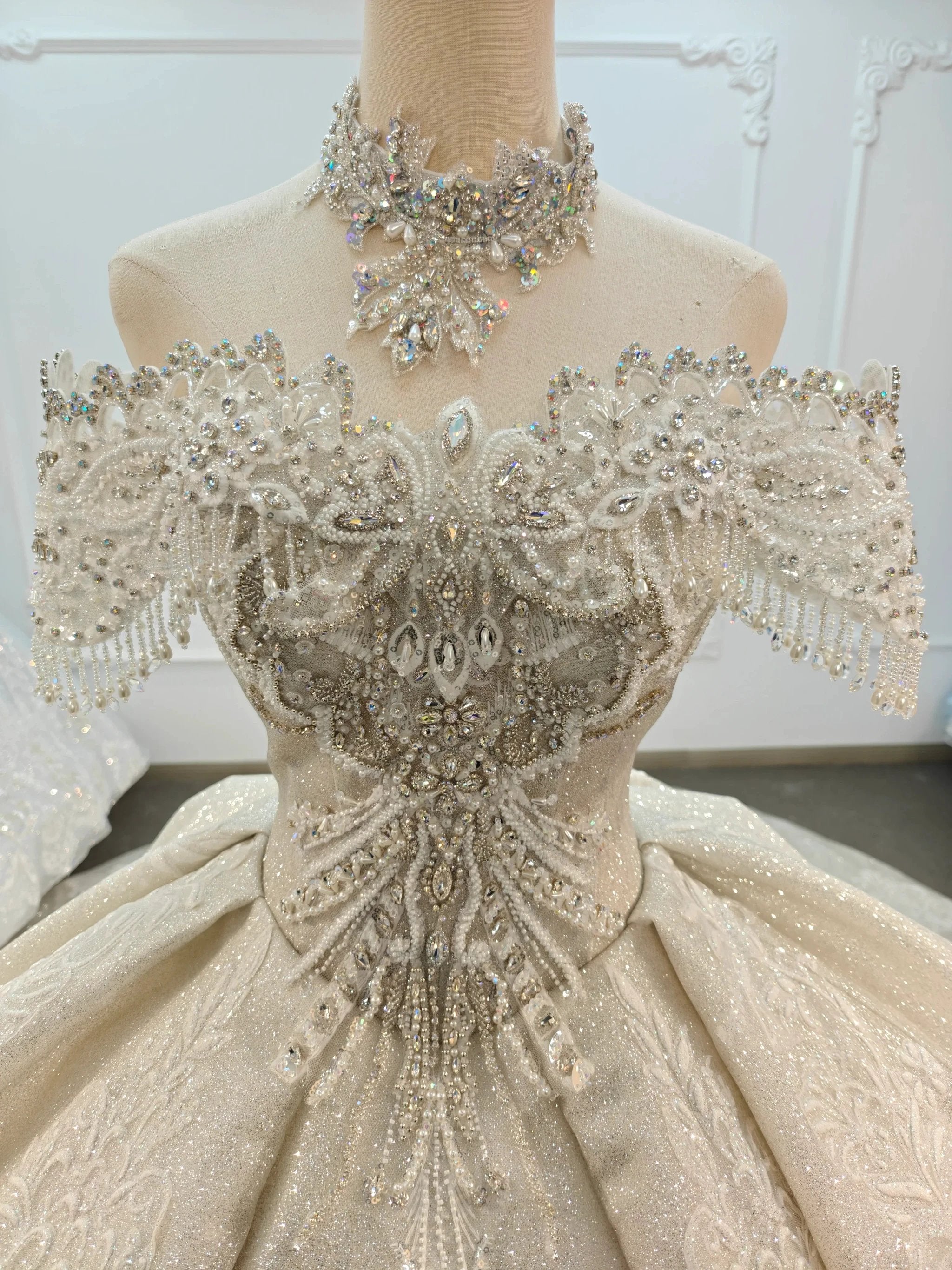 Champagne Glimmer Off-Shoulder Ballgown Crystal Fringe Bust & Embroidered Train by ZAPDRESS