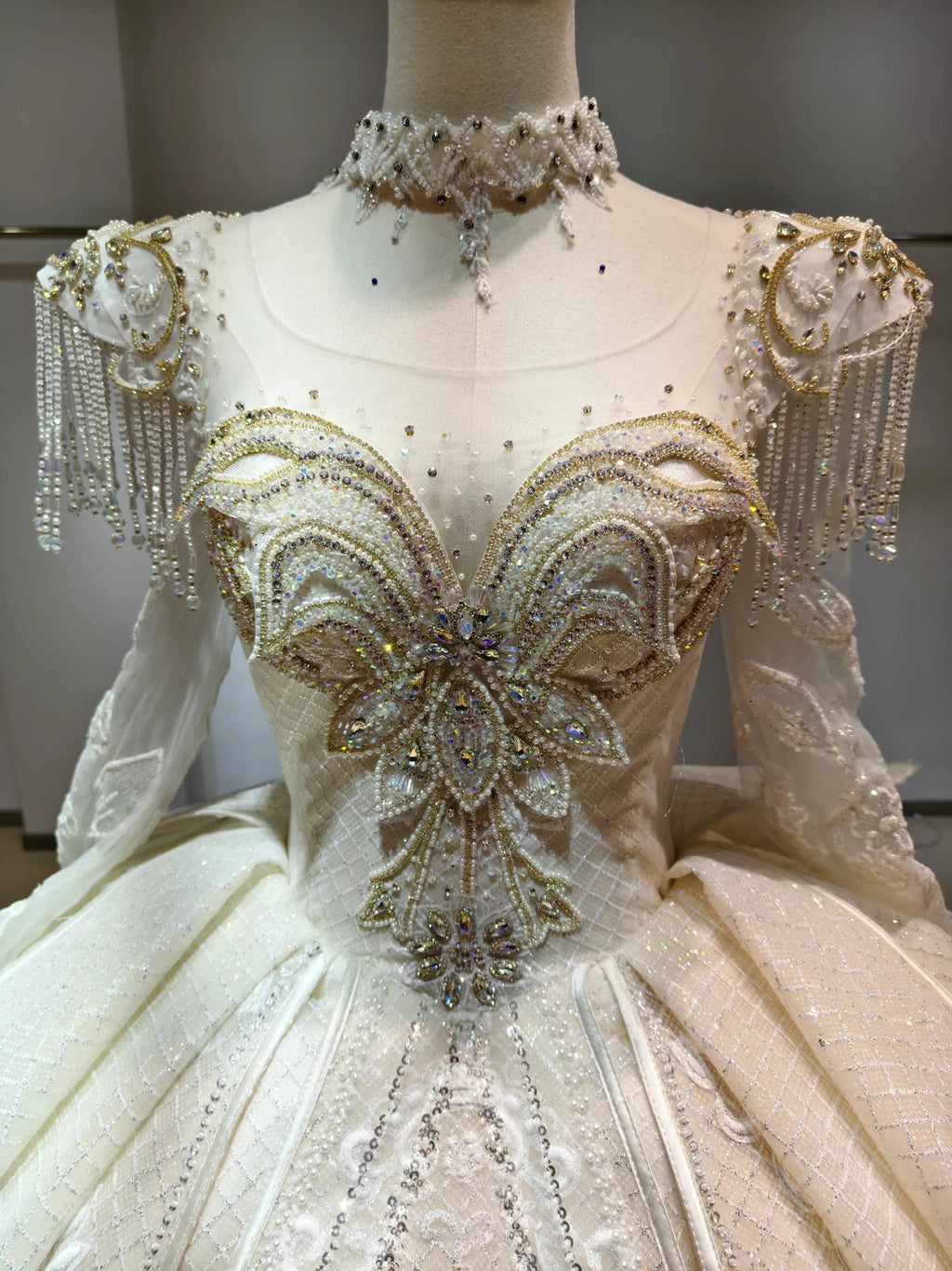 Ivory Gilded Butterfly Ballgown Crystal-Embroidered Bust & Fringed Collar by ZAPDRESS