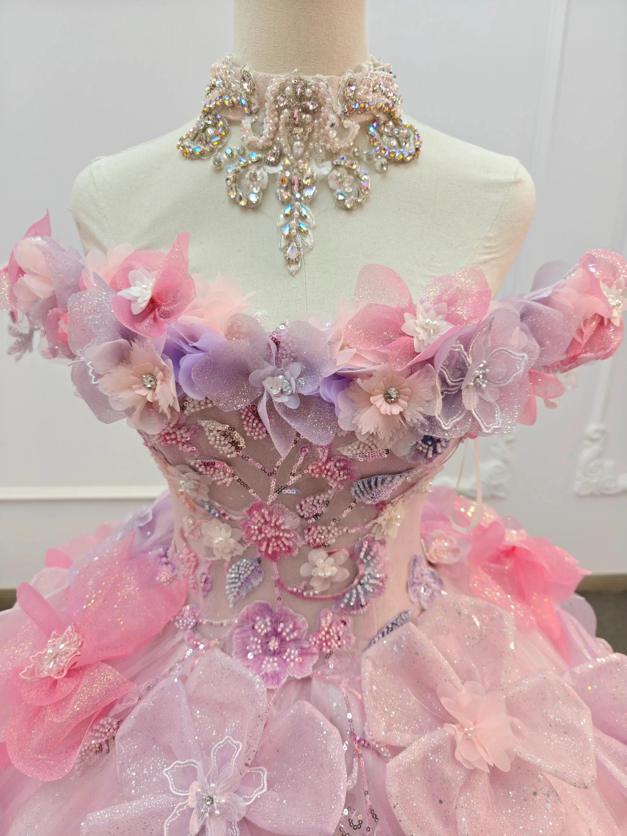 Enchanting Pastel Pink & Purple Off-the-Shoulder Ball Gown Wedding Dress with 3D Glitter Flowers & Crystal Collar Ye-2027 by ZAPDRESS