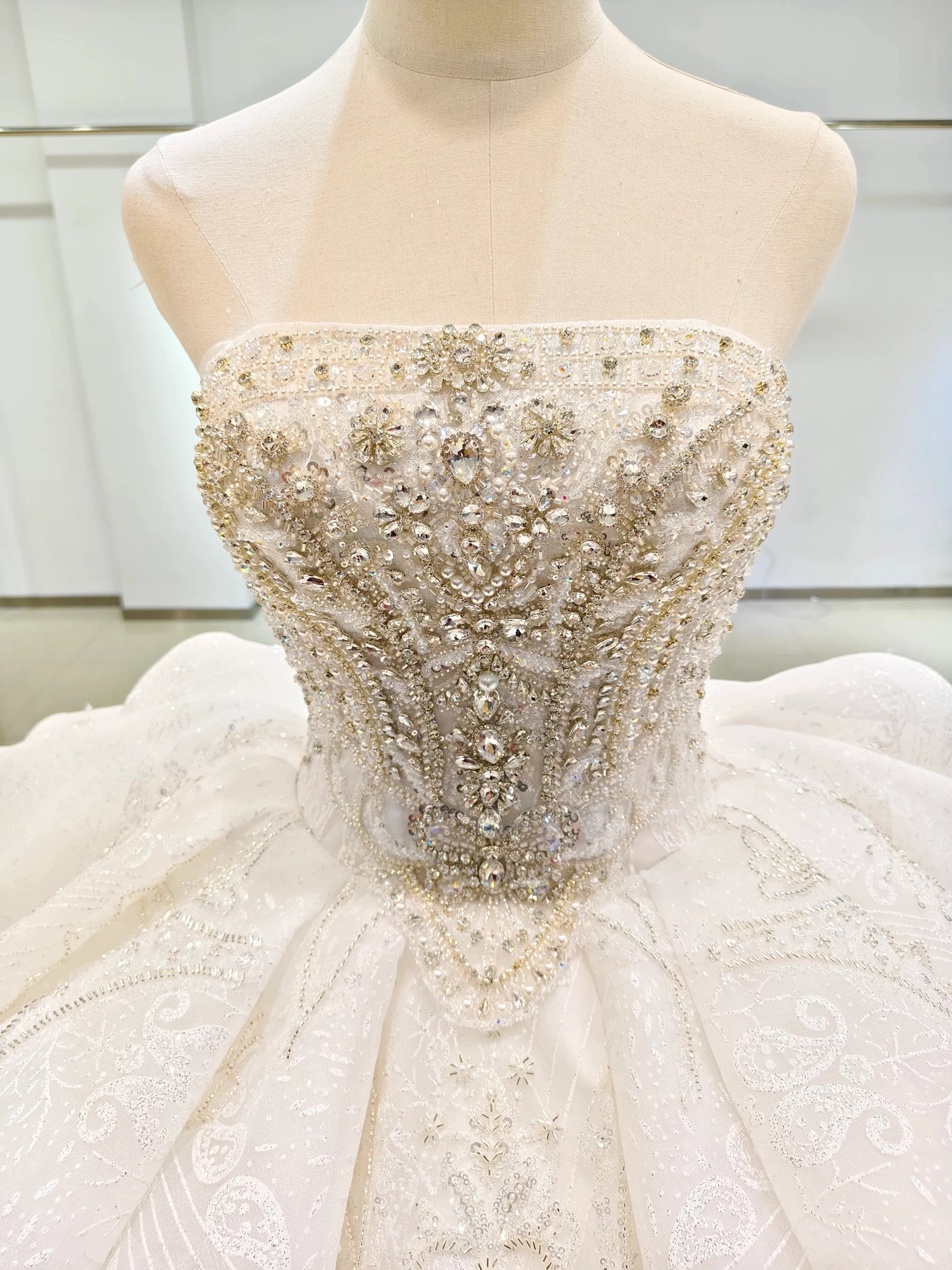White Gleam Strapless Ballgown Beaded Bust & Ruffled Train by ZAPDRESS