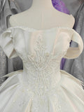 Ivory Lustre Off-Shoulder Ballgown Pearl-Embroidered Bodice & Cathedral Satin Train by ZAPDRESS