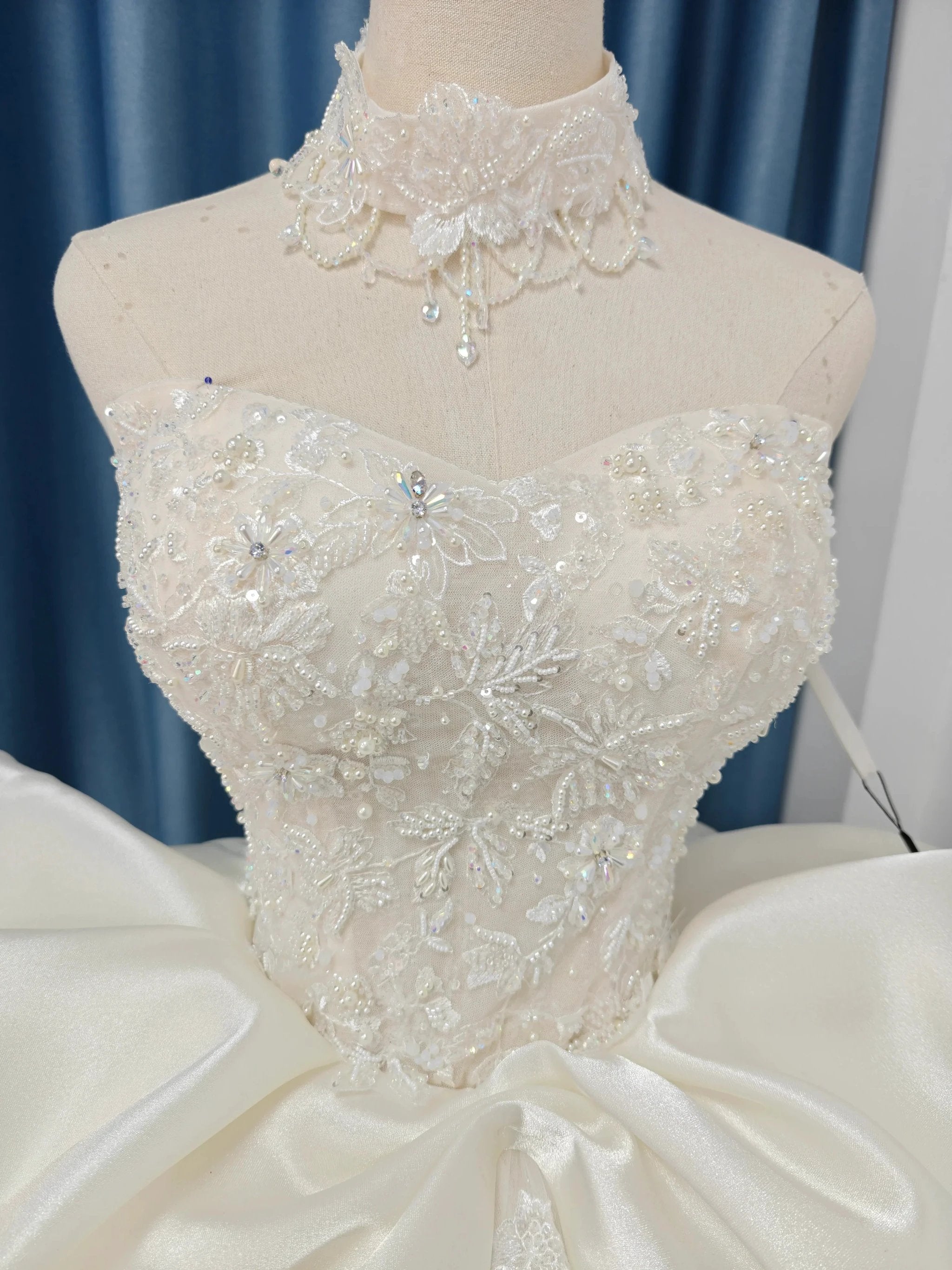 Ivory Lace Strapless Ballgown Choker Collar & Bow Skirt by ZAPDRESS