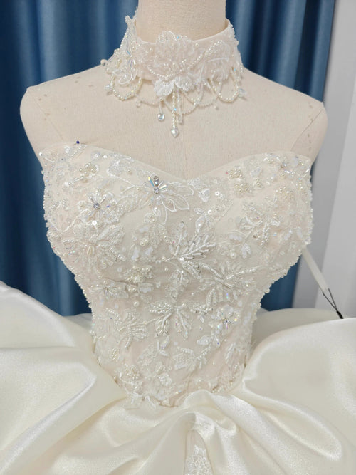 Ivory Lace Strapless Ballgown Choker Collar & Bow Skirt by ZAPDRESS