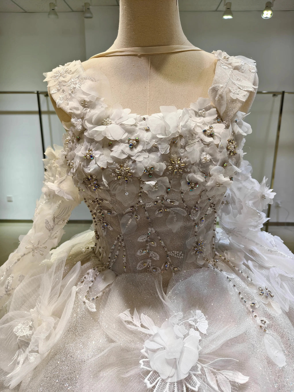 Ivory Petal Whisper Ballgown Organza Floral Bust & Bloom Train by ZAPDRESS