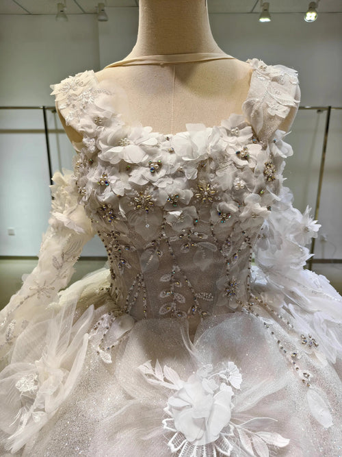 Ivory Petal Whisper Ballgown Organza Floral Bust & Bloom Train by ZAPDRESS