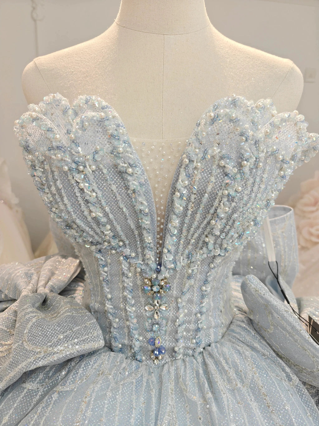 Dreamy Light Blue Sweetheart Ball Gown Wedding Dress with Sequin Tulle, Pearl Beading & Oversized Bow Ye-2029 by ZAPDRESS