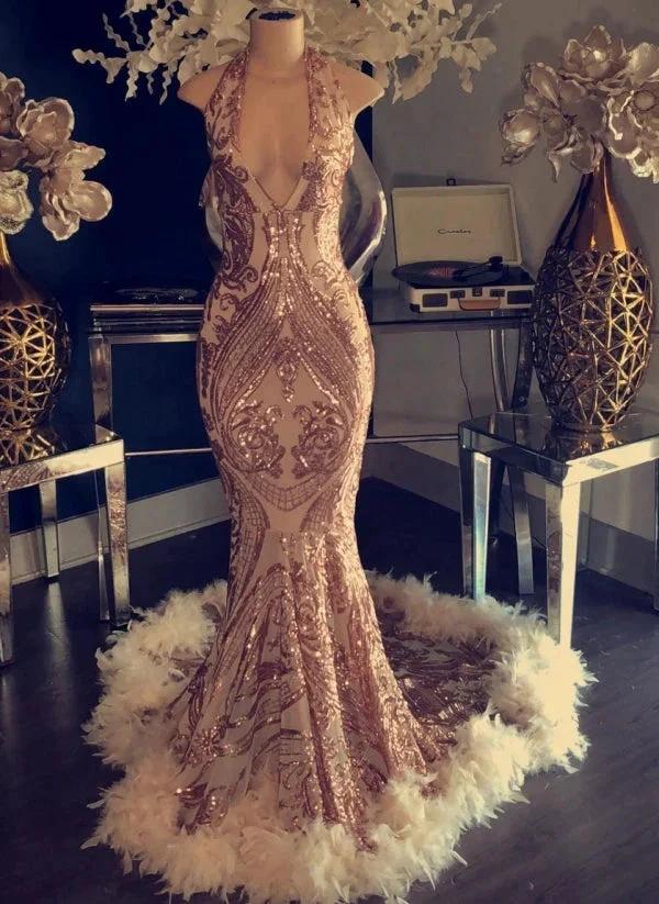 Mermaid Halter Open Back and Feather Detail Long Prom Dress by BIZTUNNEL