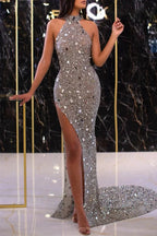 Sleeveless Mermaid Halter Stylish Split Long Prom Dress with Sequins by BIZTUNNEL