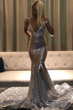 Sexy Silver Sequin Deep V-Neck Mermaid Long Prom Dress With Spaghetti Straps by BIZTUNNEL