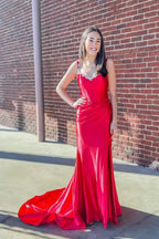 Bellamy | Mermaid V Neck Red Satin Slit Prom Dress with Beading by KissProm