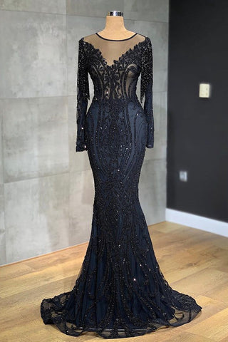 Elegante vestido de fiesta largo de sirena con encaje de tul y mangas