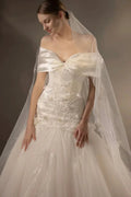 Gorgeous Long Ball Gown Off-the-Shoulder Satin & Tulle Wedding Dress with 3D Embroidery & Cathedral Train Q6013 by ZAPDRESS