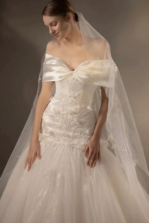 Gorgeous Long Ball Gown Off-the-Shoulder Satin & Tulle Wedding Dress with 3D Embroidery & Cathedral Train Q6013 by ZAPDRESS