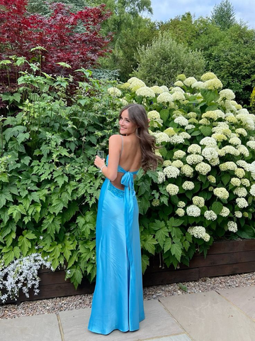 Blaues rückenfreies langes Ballkleid Abendkleid Y7516