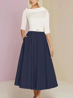 A-Line/Princess Jewel Neck Half Sleeve Tea Length Mother of the Bride Dresses with Pockets Pleats by Dreamylily