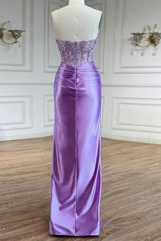 Eirene | Vestido de fiesta largo de satén con escote corazón y sirena morado con cuentas
