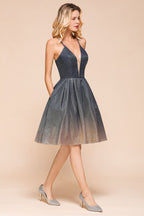 Elagant Spaghetti Straps Bronzing Knee Length Evening Party Dress Deep V-Neck Backless Prom Dress with Pocket