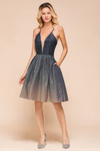 Elagant Spaghetti Straps Bronzing Knee Length Evening Party Dress Deep V-Neck Backless Prom Dress with Pocket