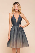 Elagant Spaghetti Straps Bronzing Knee Length Evening Party Dress Deep V-Neck Backless Prom Dress with Pocket