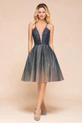 Elagant Spaghetti Straps Bronzing Knee Length Evening Party Dress Deep V-Neck Backless Prom Dress with Pocket by misshow.com