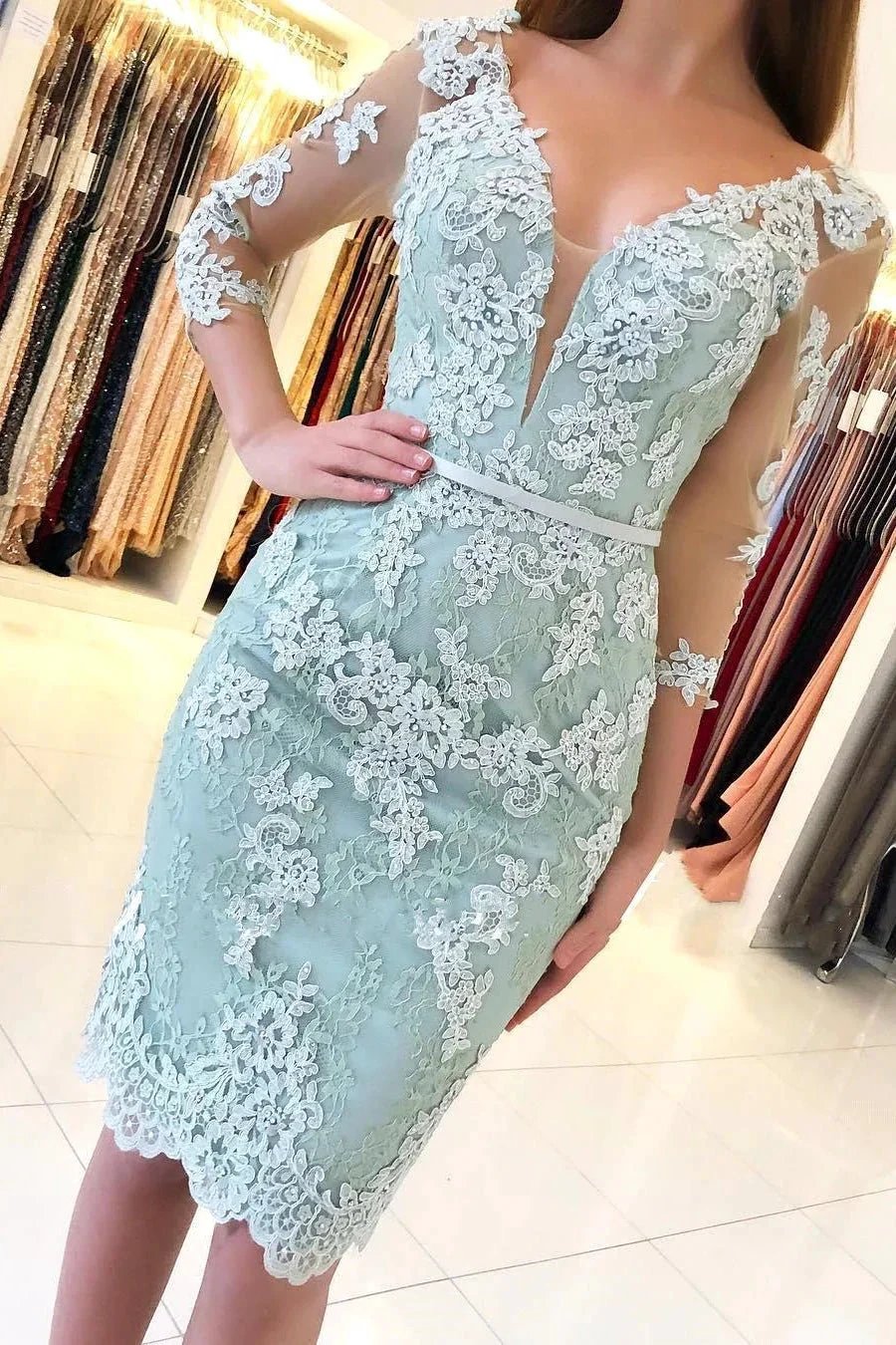 Elegant 3/4 Sleeves Lace Slim Short Party Dress by misshow.com
