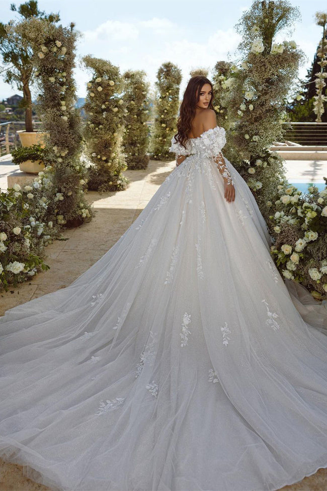 Elegant A-line Appliques Lace Sweetheart Tulle Wedding Dress With Long Sleeves Main Image