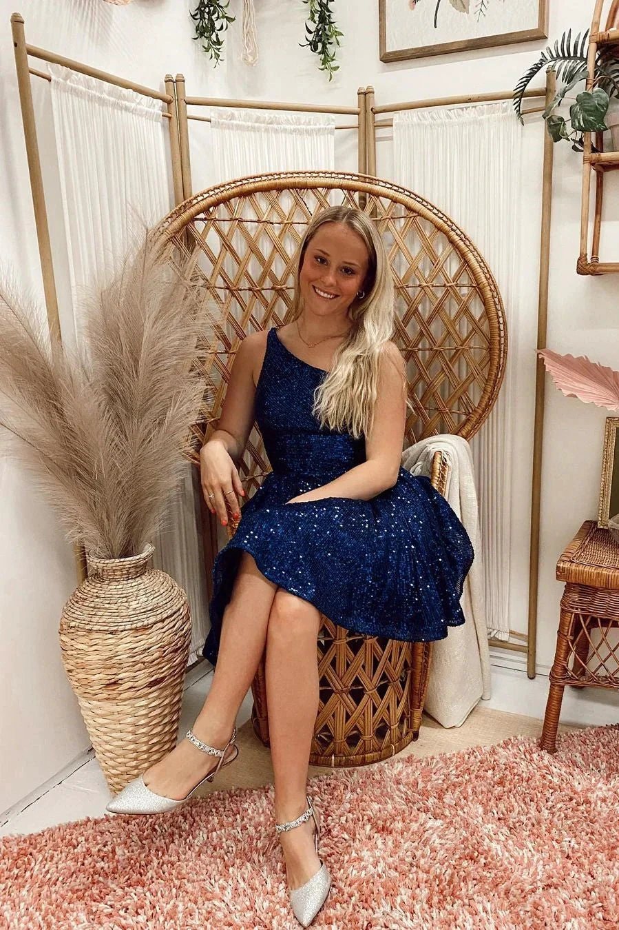 Elegant A-line Blue One Shoulder Sleeveless Short Homecoming Dresses by misshow.com